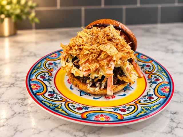 A sandwich piled with filling and crisp toppings on a colorful patterned plate.